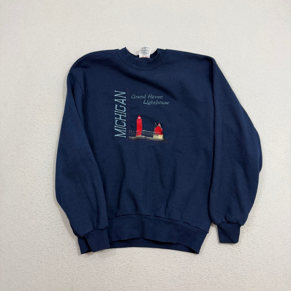 Vintage Grand Haven Michigan Sweatshirt Large Navy Lighthouse Vintage Embroidery